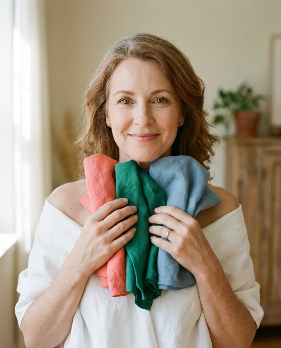 A woman holds coral, green and blue linen swatches up to her face to compare colors
