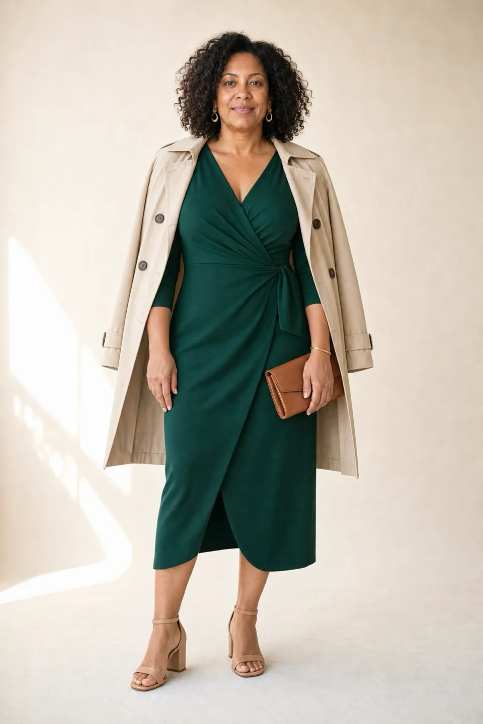 The same woman in an emerald wrap dress, a beige trench over her shoulders and nude block-heel sandals
