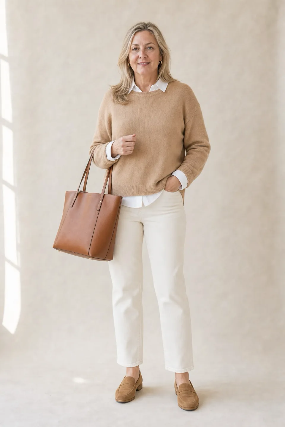 The same woman in a camel sweater over a white shirt, ecru straight-leg jeans and tan suede loafers, carrying a cognac tote