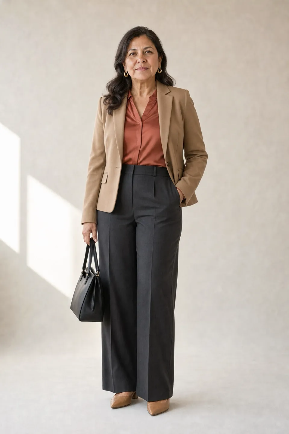 The same woman in a cropped camel blazer, a terracotta silk blouse and wide-leg charcoal trousers