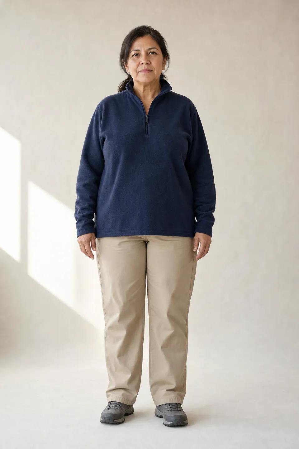 A woman in her fifties in a navy fleece pullover, loose khaki chinos and gray walking shoes