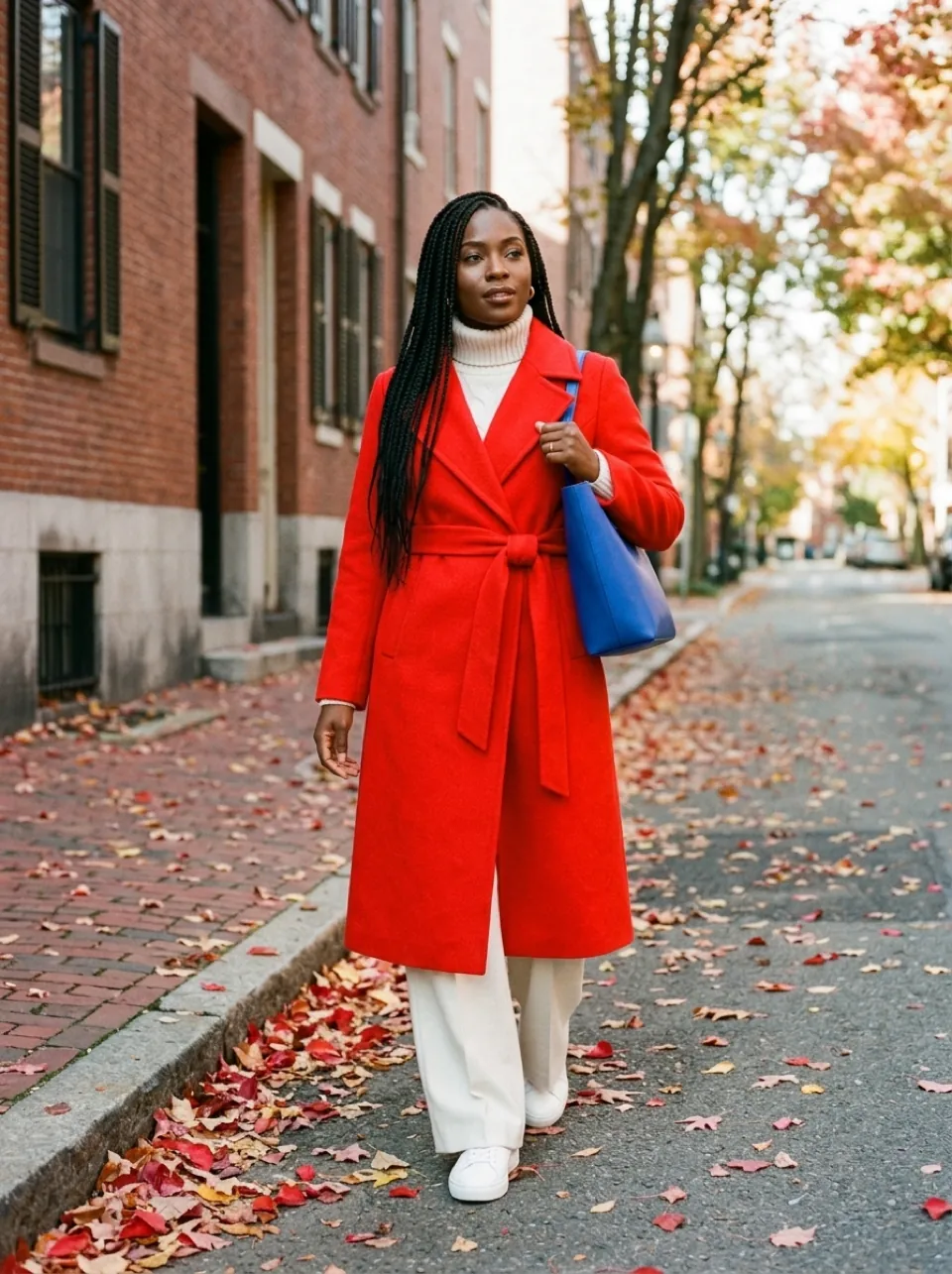 A woman in a red belted coat and a white knit walks along a leaf-covered street in fall