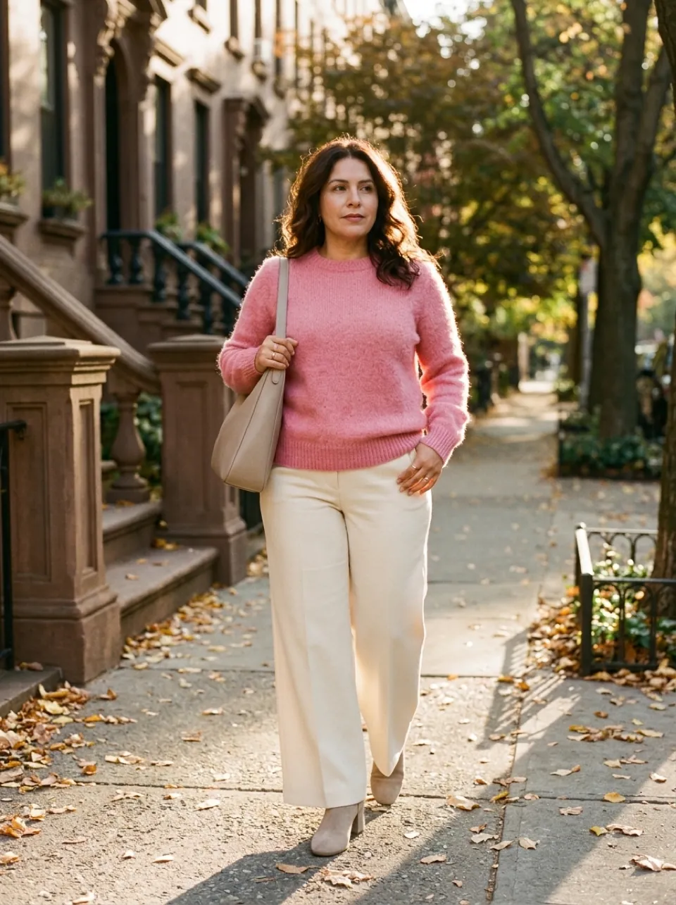 A woman in a pink mohair sweater and ivory wide-leg trousers walks down a tree-lined street in fall